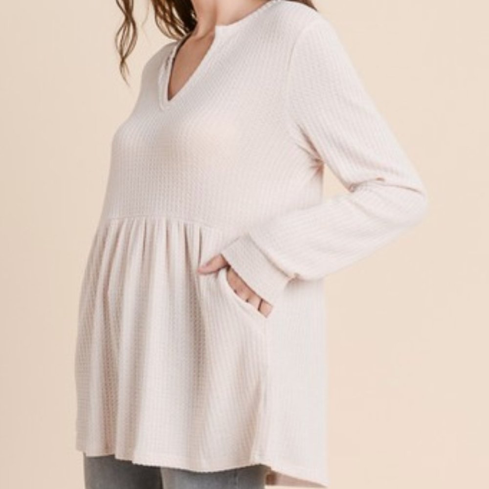 Tan Long Sleeve Thermal Knit Top